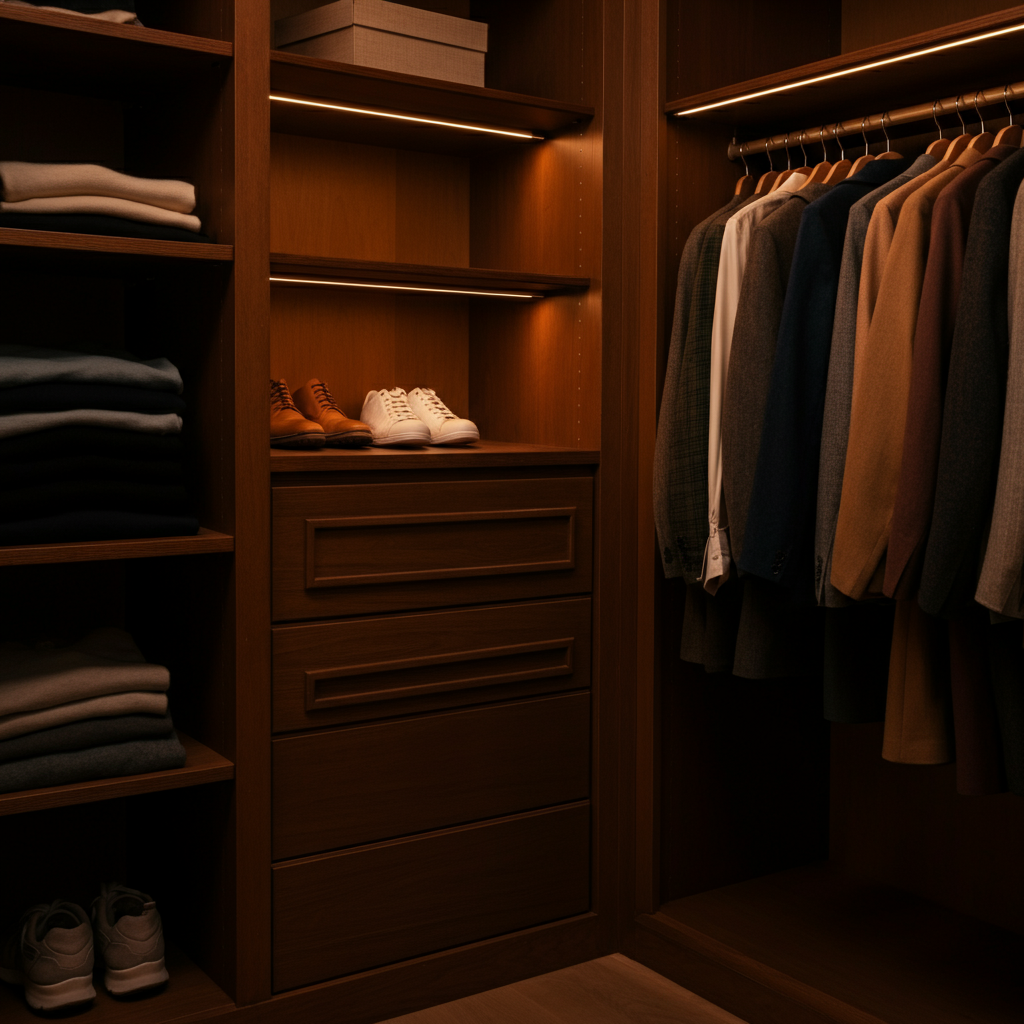 A well-organized walk-in closet with clothing arranged by color and type. Soft, warm lighting highlights the textures of various fabrics, such as wool, silk, and denim. Several pairs of shoes are neatly displayed on shelves.