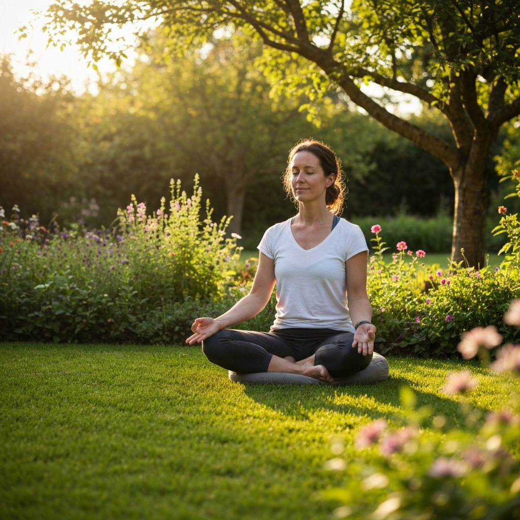 A person meditating in a peaceful garden. Soft golden hour lighting filters through the trees, creating a serene and calming atmosphere. Focus on the person's relaxed posture and the textures of the surrounding greenery.