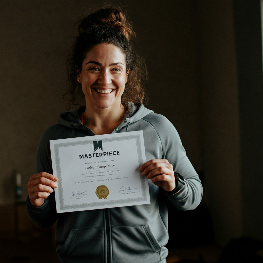 A woman smiling and holding a certificate of completion. She is standing in a well-lit room with a neutral background. The focus is on her facial expression and the texture of the certificate paper.