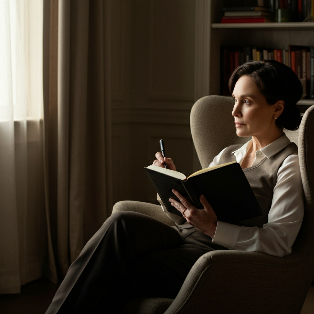A person sitting in a comfortable armchair, bathed in soft, natural light from a nearby window. They are holding a journal and pen, with a thoughtful expression on their face. The room is decorated in neutral tones, with bookshelves lining one wall. Soft bokeh in the background.