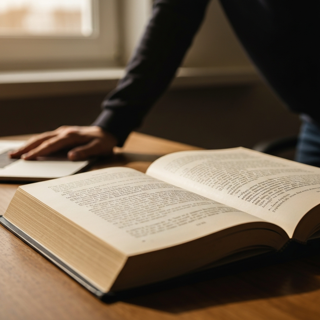 A close-up shot of a well-worn copy of a philosophy book lying open on a wooden desk. Natural light streams in from a window, illuminating the textured pages. The focus is sharp on the book, with a soft blur on the surrounding objects.