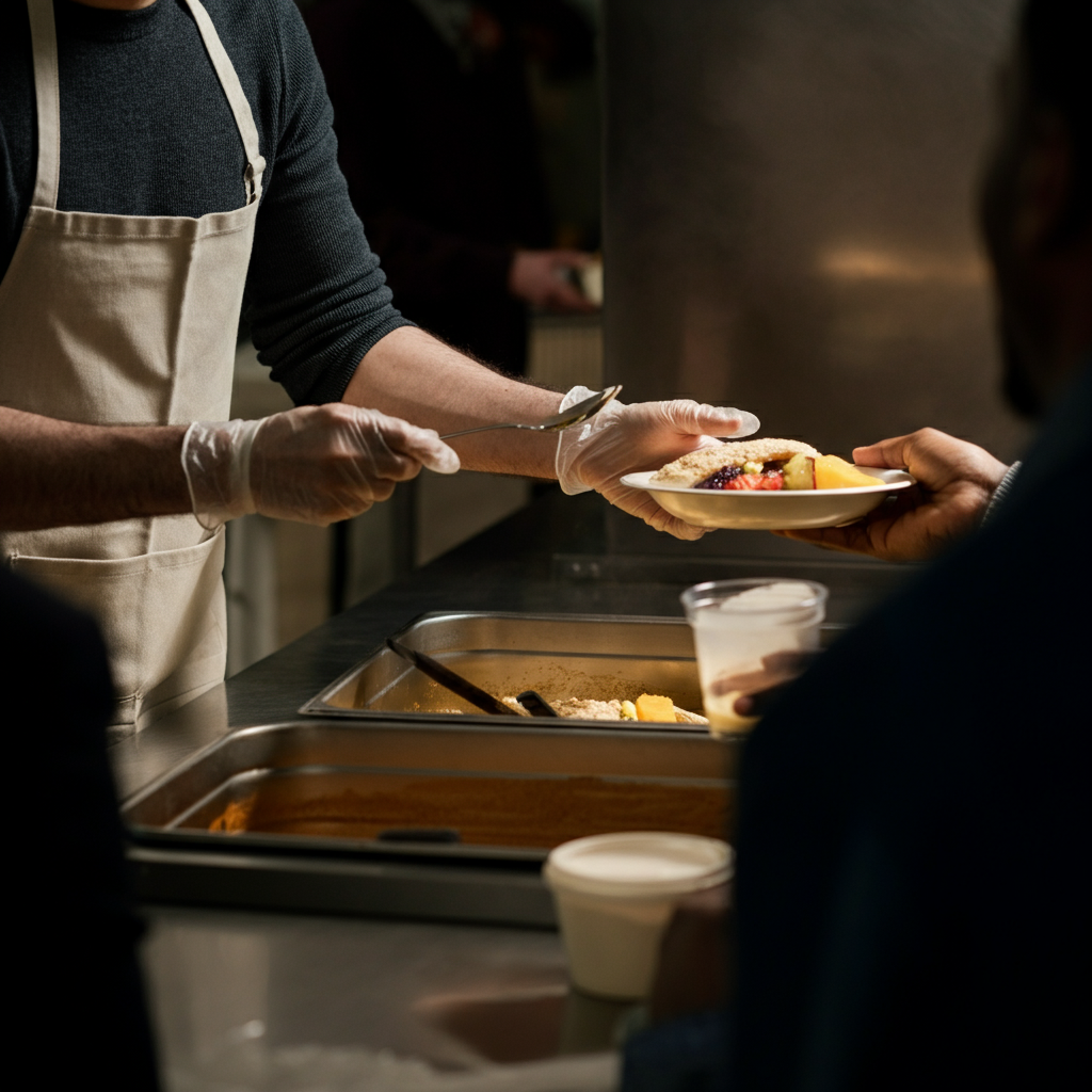 A person volunteering at a soup kitchen, serving food to people in need. The lighting is natural and warm, highlighting the compassion on their face. The background is slightly blurred to focus on the interaction.