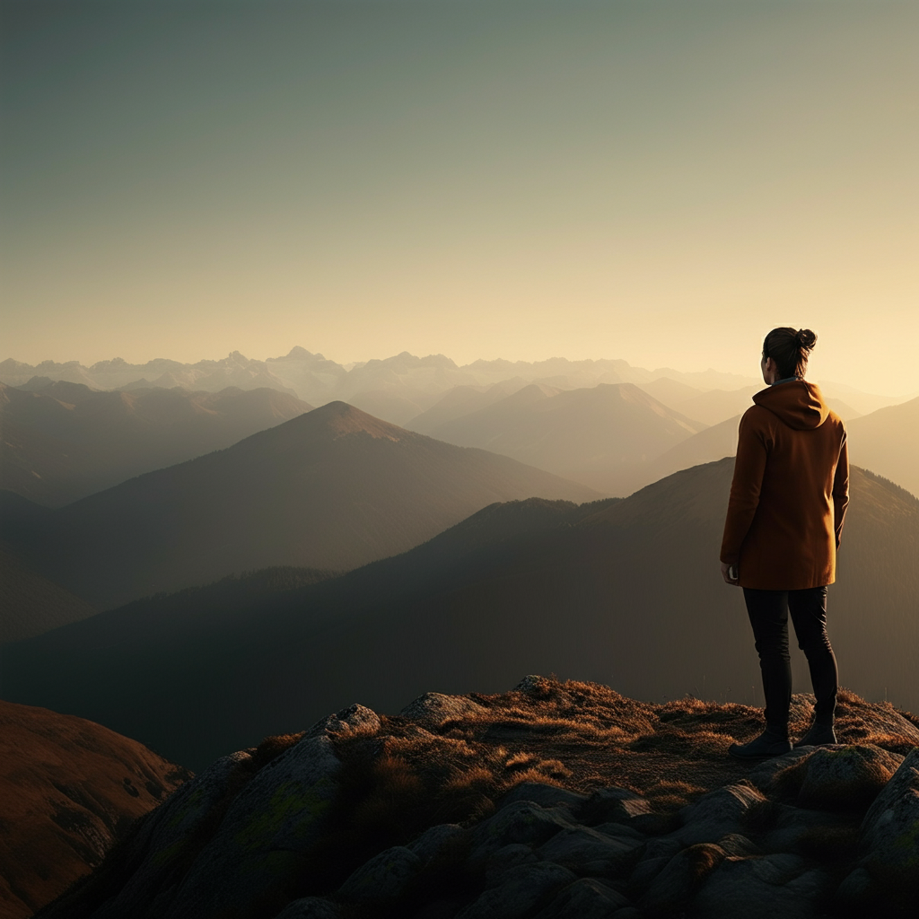 A person standing on a mountaintop, looking out at a vast and awe-inspiring landscape. The golden hour lighting creates a sense of peace and wonder. The focus is on the landscape, with the person silhouetted against the sky.