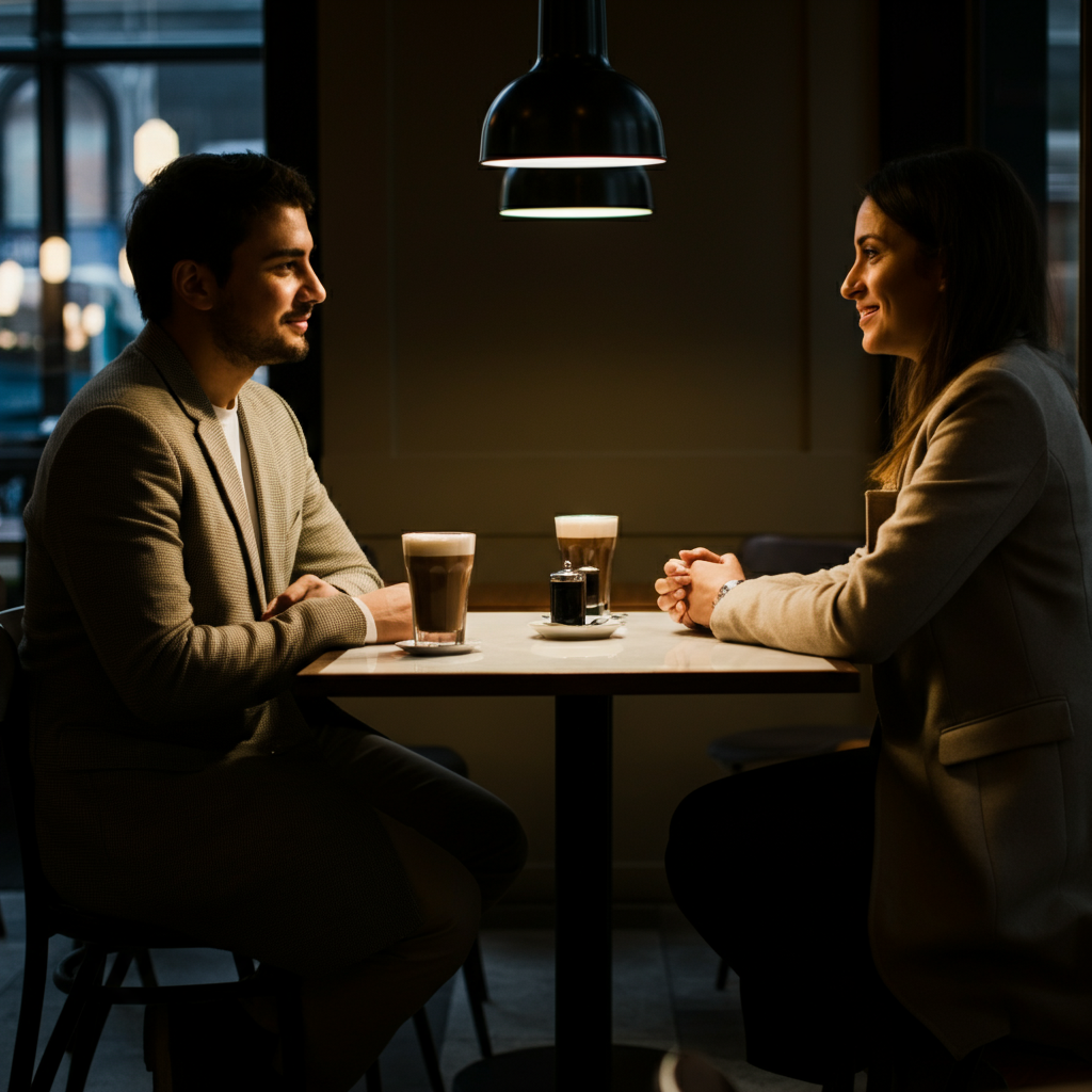 Two people sitting across from each other in a warmly lit cafe, engaged in a deep conversation. They are both smiling and making eye contact, conveying a sense of connection and understanding. The background is softly blurred, with the focus on their interaction.