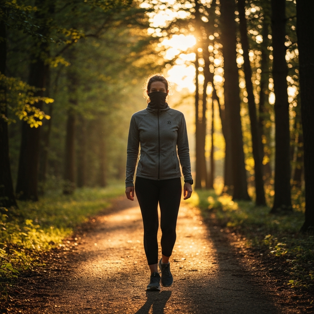 A person walking slowly along a quiet path in a forest. The sunlight filters through the trees, creating a dappled effect on the ground. The person's posture is relaxed and confident, conveying a sense of inner peace.