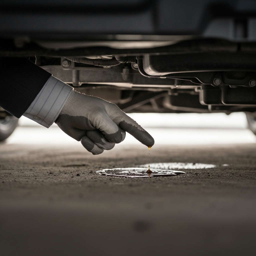 Close-up shot of a mechanic's gloved hand pointing to a small puddle of fluid underneath a car engine. The ground is slightly dusty, and the light is diffused, highlighting the fluid's texture.