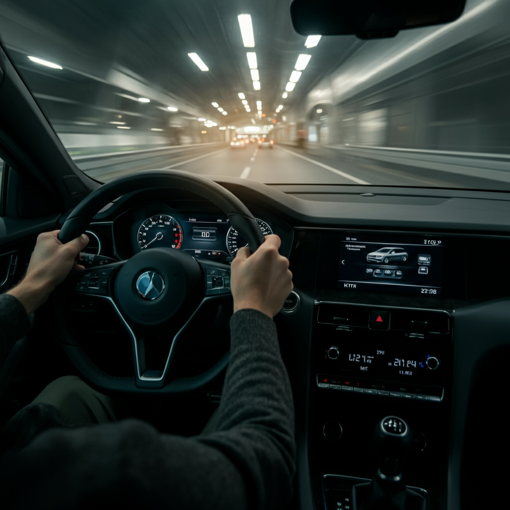 The interior of a car, focusing on the driver's hands on the steering wheel and the road ahead. The speedometer and other gauges are visible in the background. The scene is brightly lit, capturing the motion of the car.