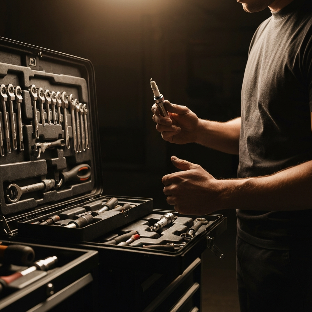 A mechanic standing in front of an open toolbox, holding a spark plug in his hand and examining it closely. The toolbox is well-organized, with various tools neatly arranged. The lighting is focused on the mechanic and the spark plug, creating a sense of detail and precision.