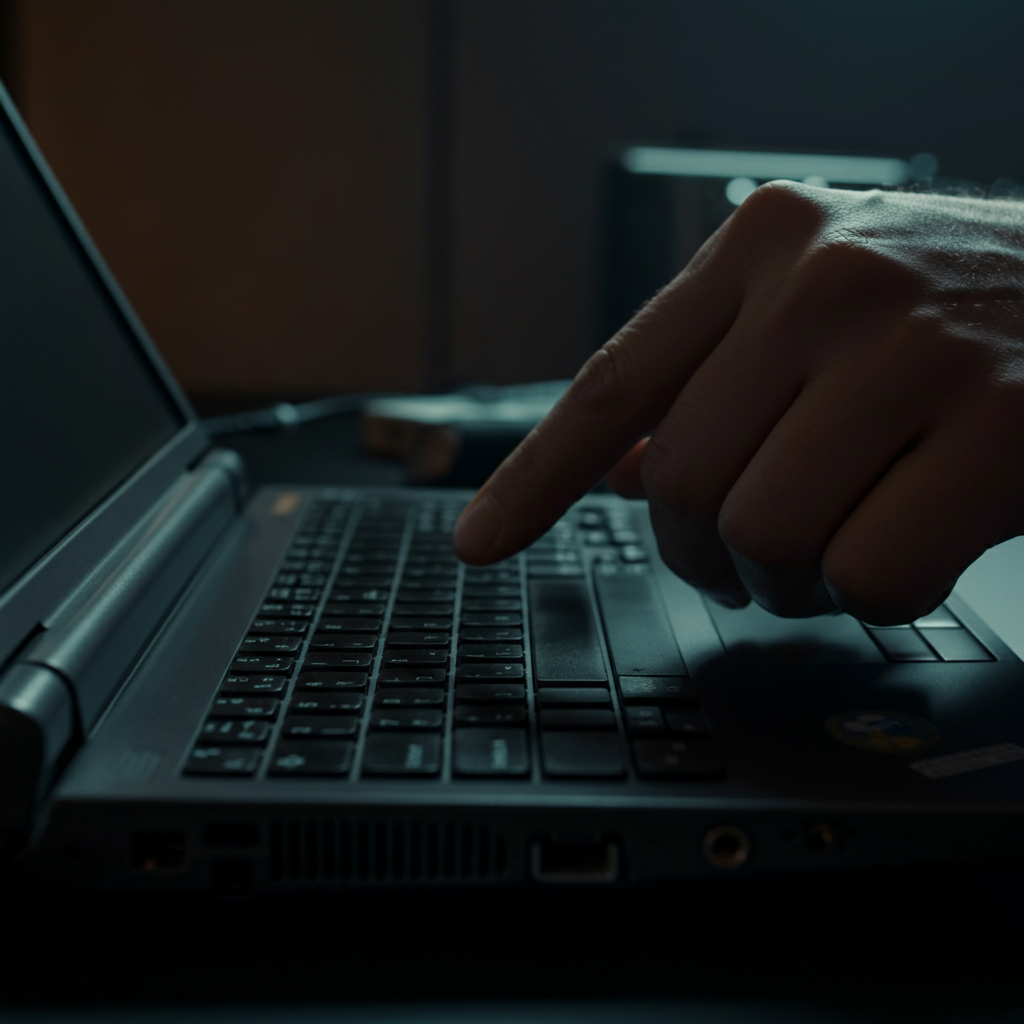 Close-up of a person carefully examining an old laptop. Soft, diffused lighting highlights the details of the keyboard and screen. The person is wearing anti-static wrist strap.