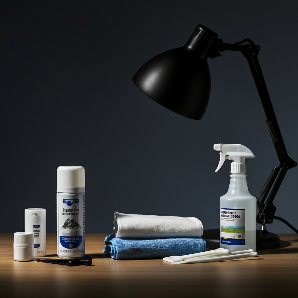A neatly organized workspace with a can of compressed air, a microfiber cloth, isopropyl alcohol in a spray bottle, and various small cleaning tools. Soft, indirect light creates a clean and professional atmosphere.