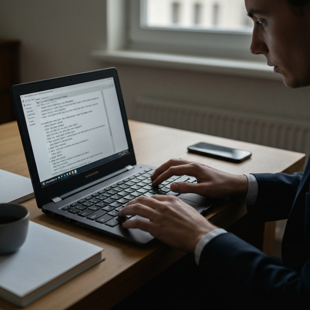 A person using a simple text editor on an old laptop. The room has soft, natural light, and the focus is on the screen and the user's hands on the keyboard. The scene is relaxed and uncluttered.