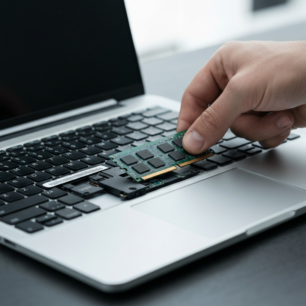 A person installing a stick of RAM into a laptop's memory slot. The laptop is open, and the focus is on the RAM module and the memory slot. Soft, even lighting illuminates the components.