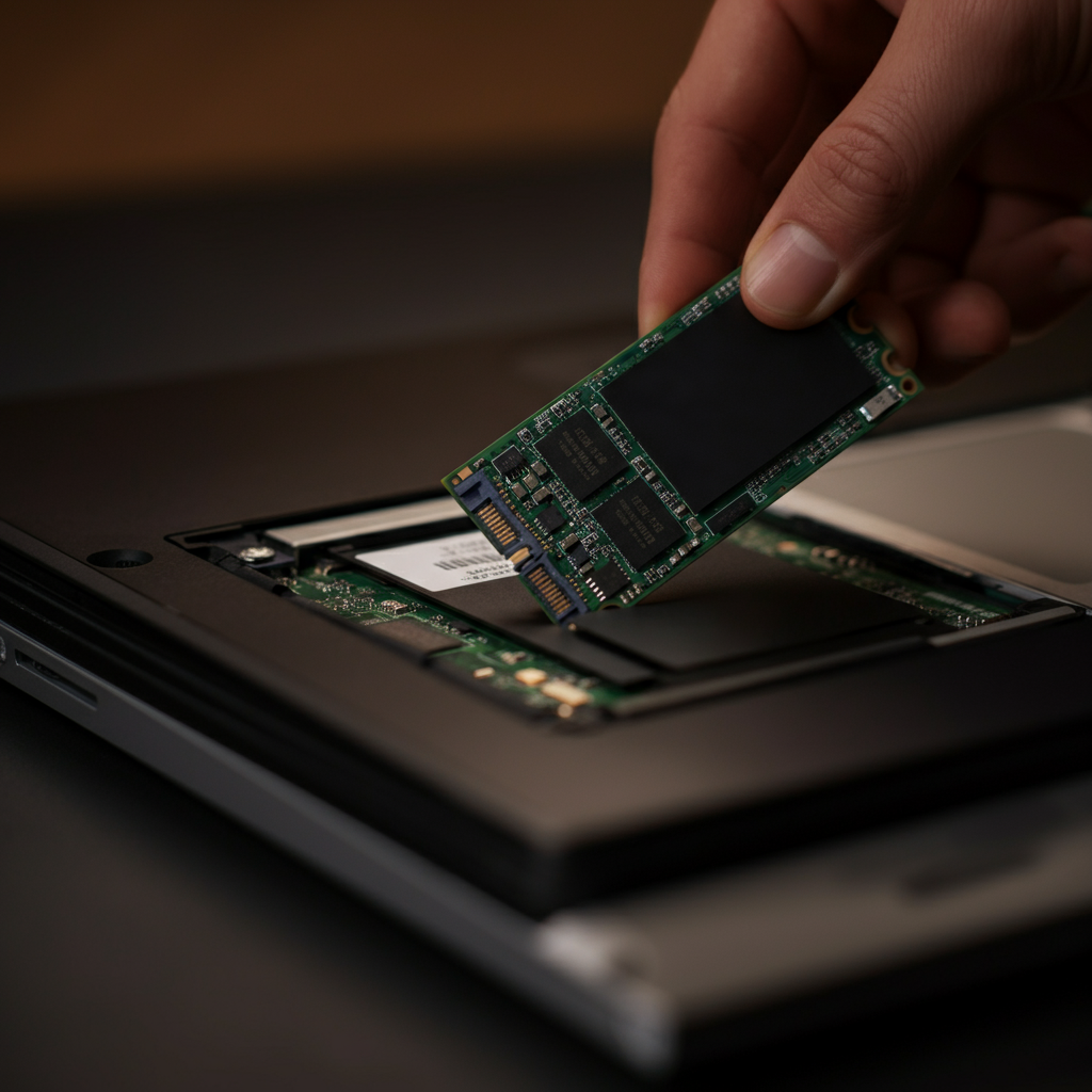 A close-up of an SSD being installed into a laptop's drive bay. The SSD is sleek and modern, contrasting with the older laptop's design. The lighting is bright and focused, highlighting the installation process.