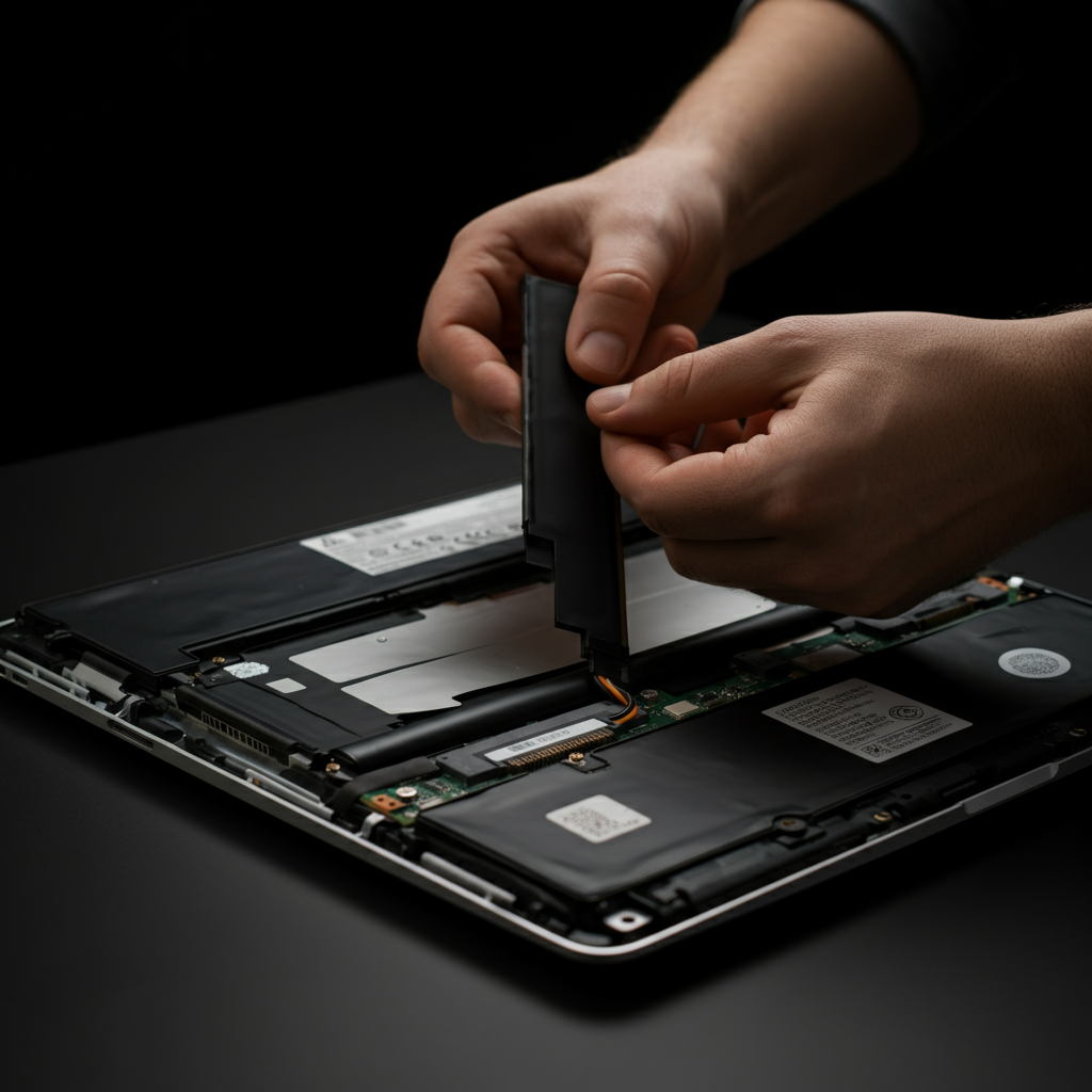 A person carefully removing an old laptop battery and replacing it with a new one. The lighting is soft and natural, creating a safe and controlled environment.