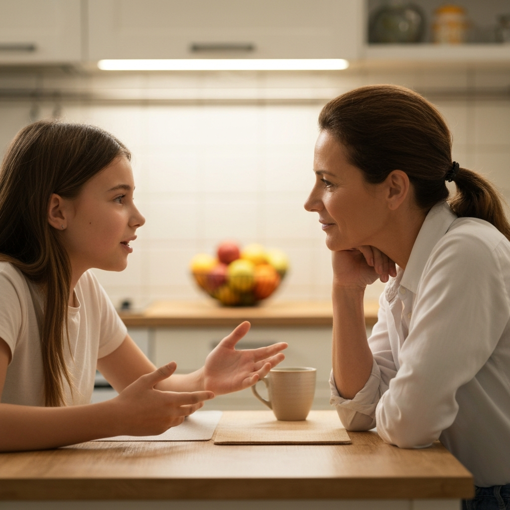 A mother sitting at a kitchen table, looking directly at her teenage daughter. The daughter is animatedly talking, gesturing with her hands. The mother is leaning forward slightly, with a soft, genuine expression, holding eye contact. The kitchen is warmly lit, with soft bokeh in the background showing a fruit bowl and a ceramic mug.