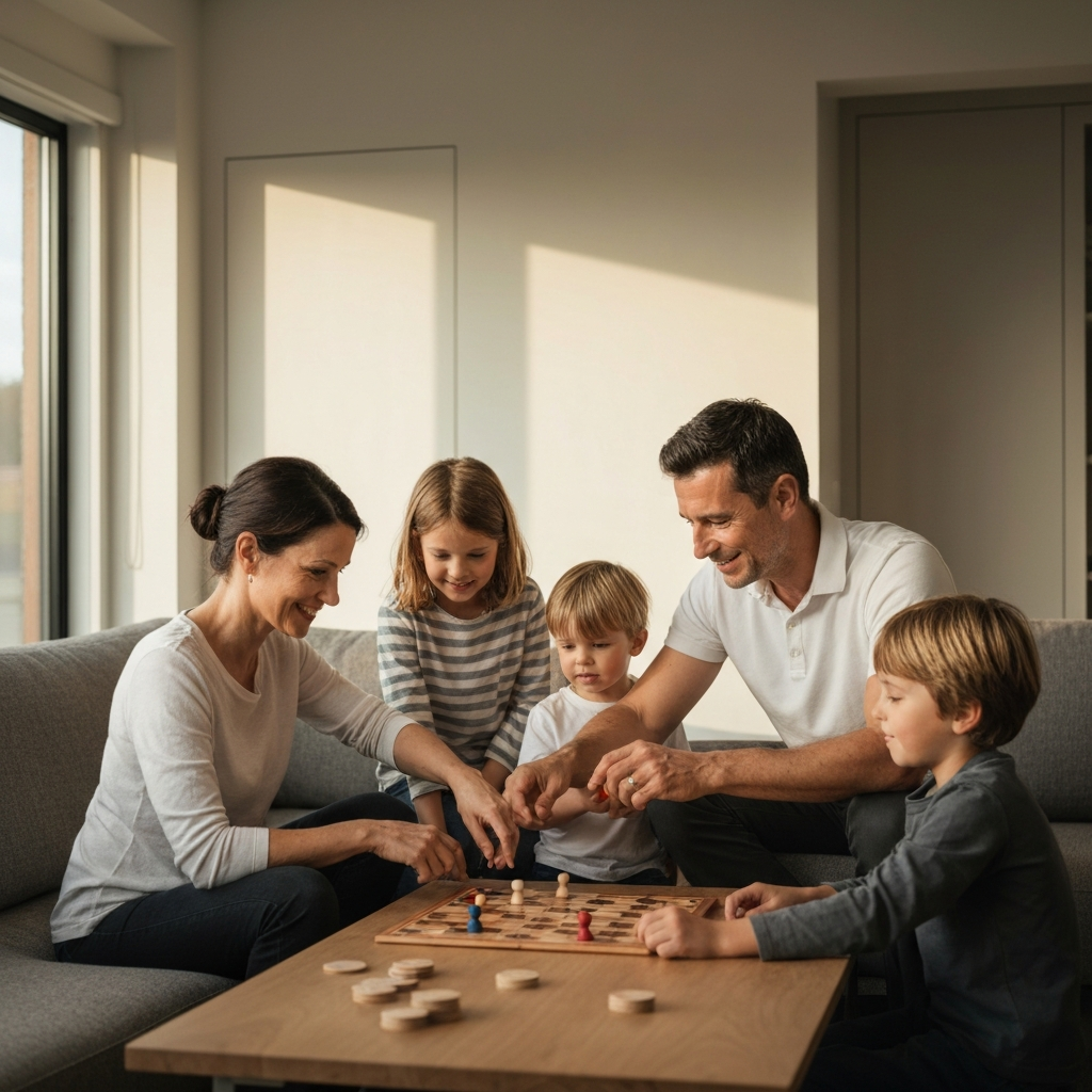 A family of four playing a board game in their living room. Soft golden hour lighting streams through the window, illuminating the textures of the wooden game board and the family's smiles. The parents are helping the children, and the atmosphere is lighthearted and joyful.