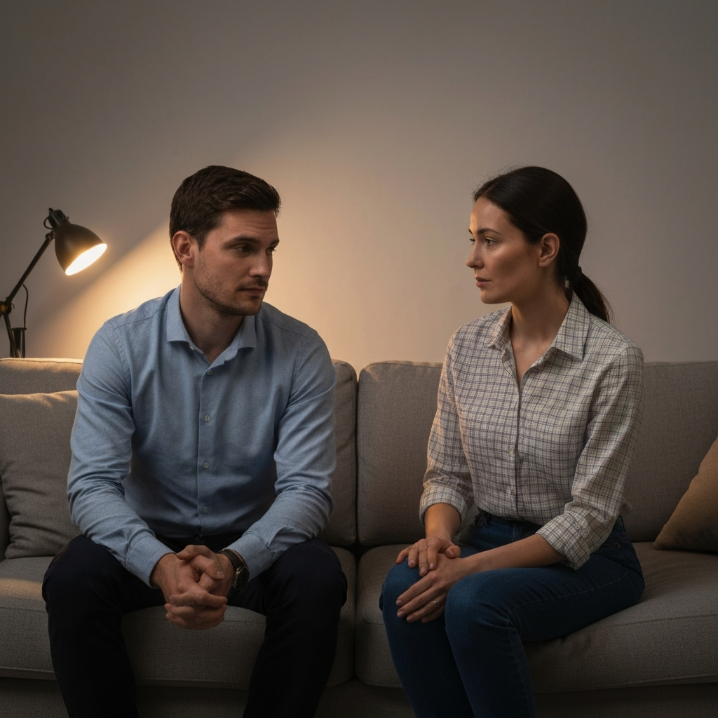 A couple sitting on a couch, facing each other. They are engaged in a calm discussion, with neutral expressions. Soft side-lit textures highlight the fabric of the couch and their clothing. A small lamp provides warm, ambient light.