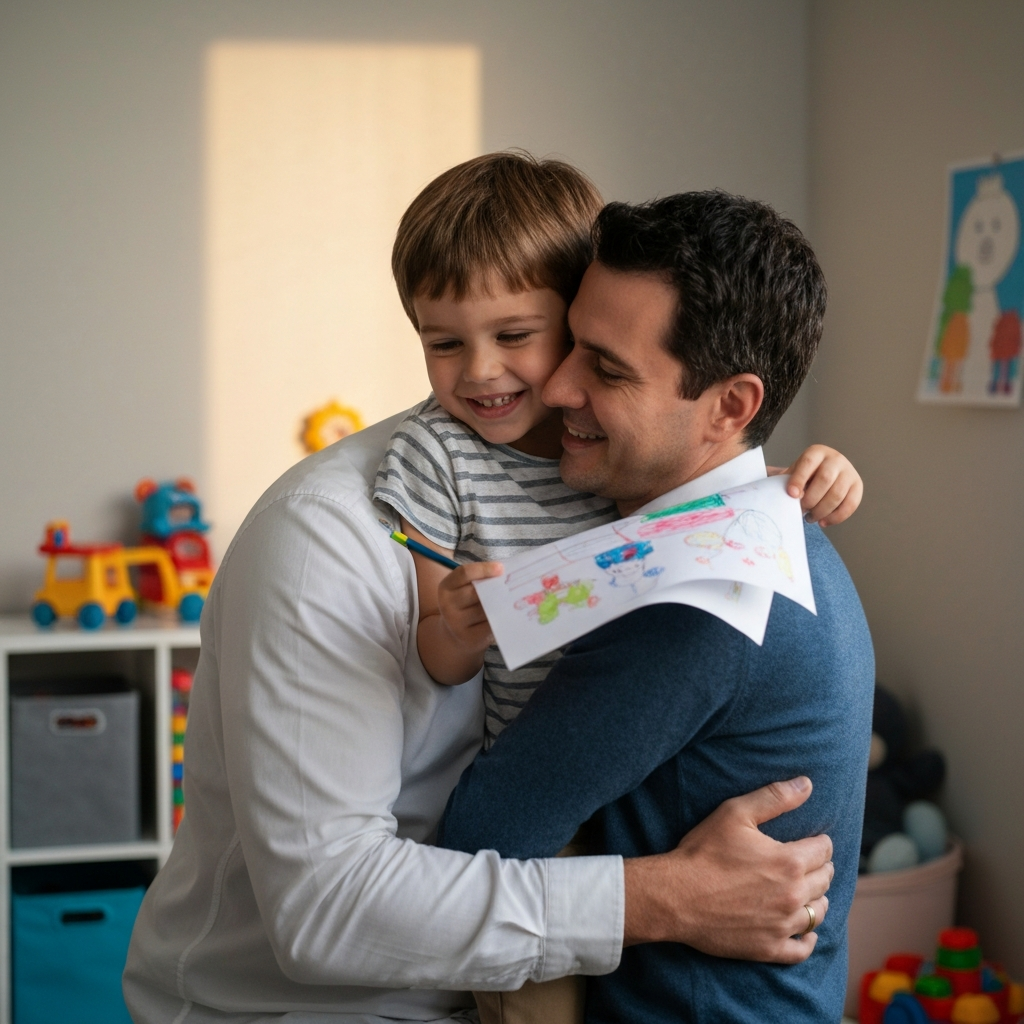 A father hugging his young son. The son is smiling and holding a drawing he made. The scene is set in a child's bedroom, with colorful toys and decorations. The lighting is bright and cheerful.