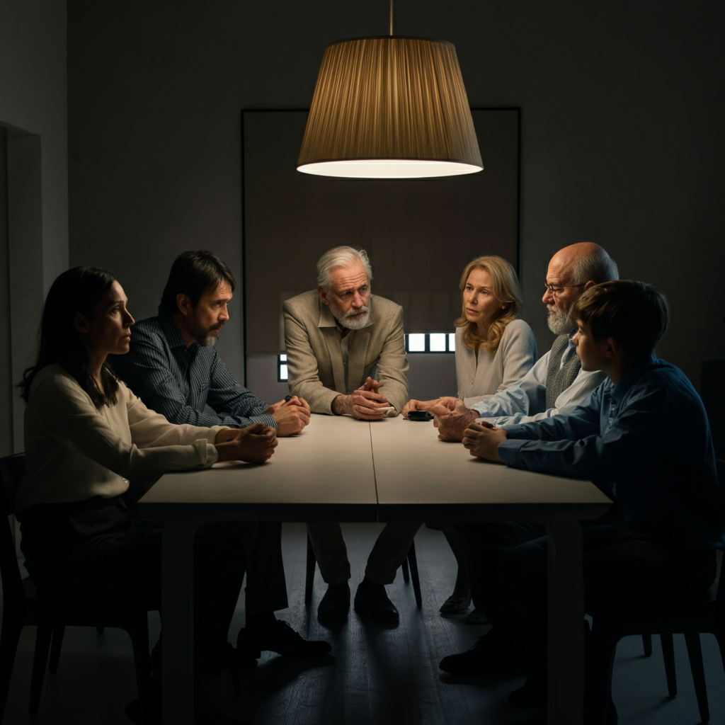 A group of family members sitting around a table, engaged in a discussion. Their faces show concern and understanding as they listen to each other. Soft, diffused light illuminates their expressions.