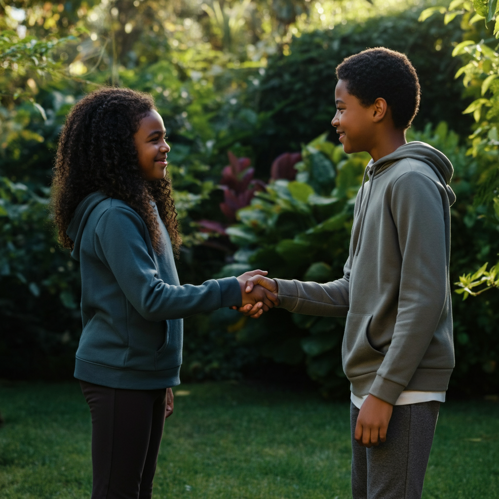 Two siblings shaking hands and smiling at each other. The setting is a garden with lush greenery and dappled sunlight. The focus is on their clasped hands and genuine smiles.
