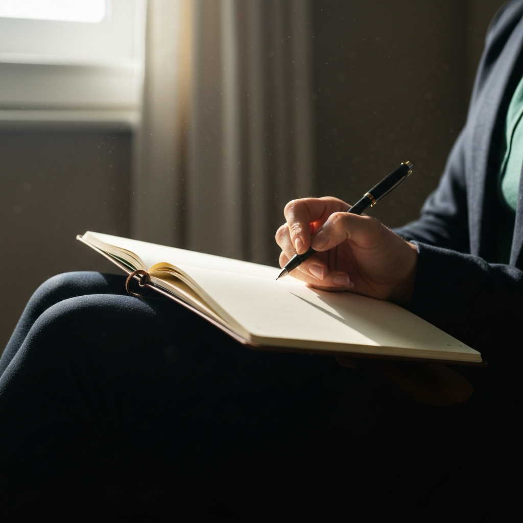 A person sitting in a quiet room, journaling in a leather-bound notebook. Soft natural light streams through a window, illuminating dust motes dancing in the air. The focus is on the texture of the paper and the person's hand holding a pen.