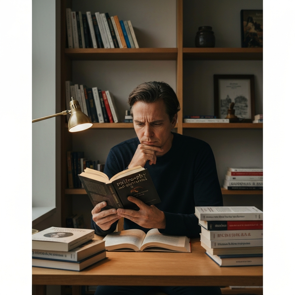 A person sitting at a desk, surrounded by books on philosophy and spirituality. They are thoughtfully reading, a furrow in their brow. The lighting is warm and focused, highlighting the book in their hands.