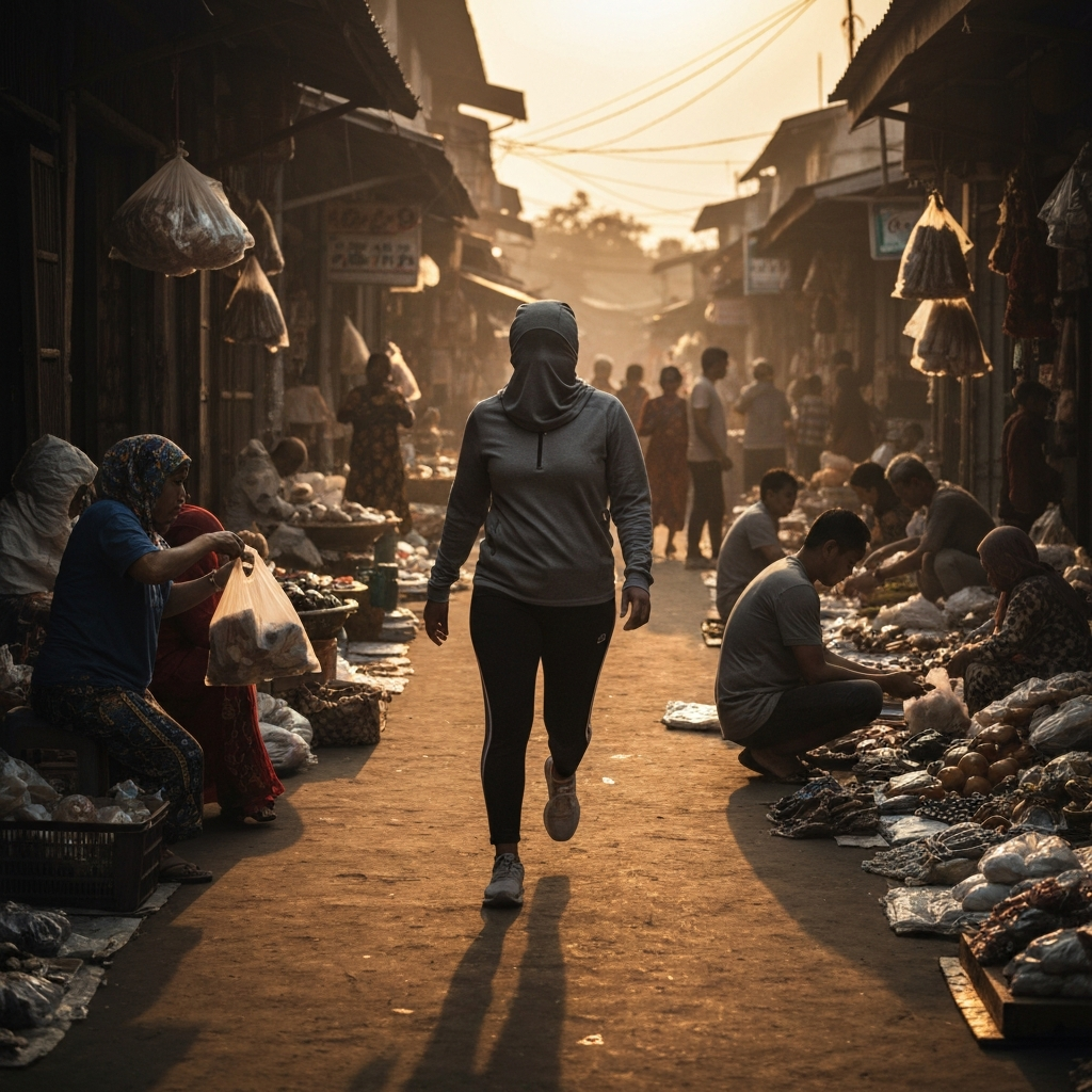 A vibrant marketplace scene in a foreign country. People are interacting, buying and selling goods. The scene is filled with rich colors, textures, and the sounds of a bustling crowd. Golden hour lighting enhances the warmth and energy of the scene.