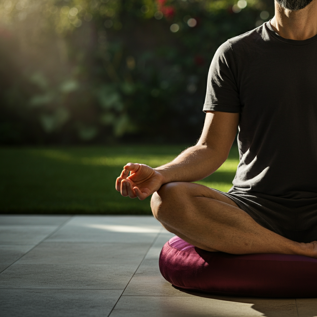 A person sitting in a lotus position on a meditation cushion, eyes closed, hands resting gently on their knees. The background is a blurred, peaceful garden with soft, diffused light.
