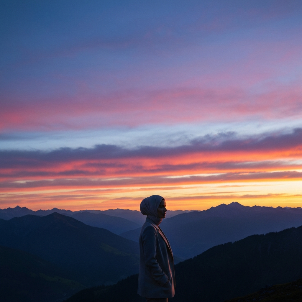 A wide shot of a mountain range at sunset. The sky is filled with vibrant colors, and the mountains are silhouetted against the horizon. The light is soft and ethereal, creating a sense of peace and tranquility.