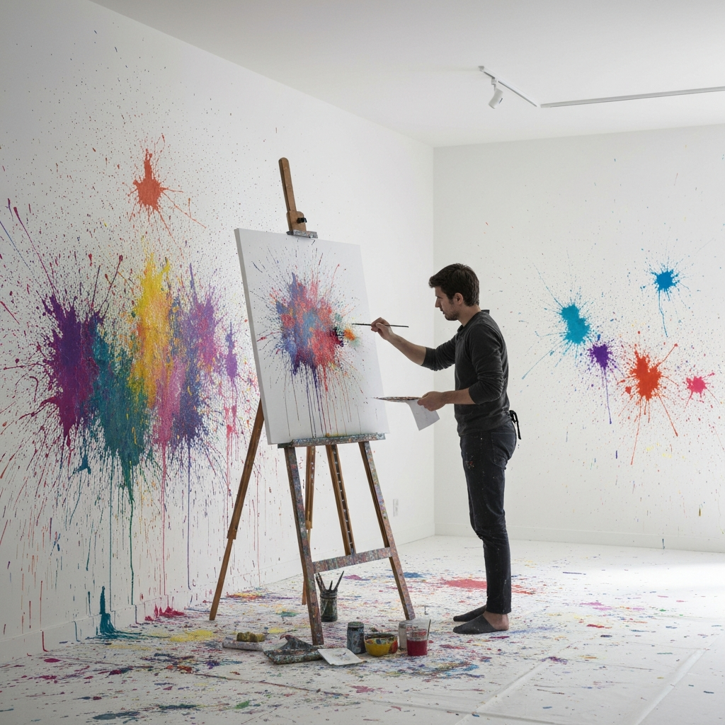 A person painting at an easel in a brightly lit studio. Splashes of colorful paint adorn the walls and floor. The artist is focused and absorbed in their work. The lighting is bright and even, showcasing the vibrant colors of the paint.