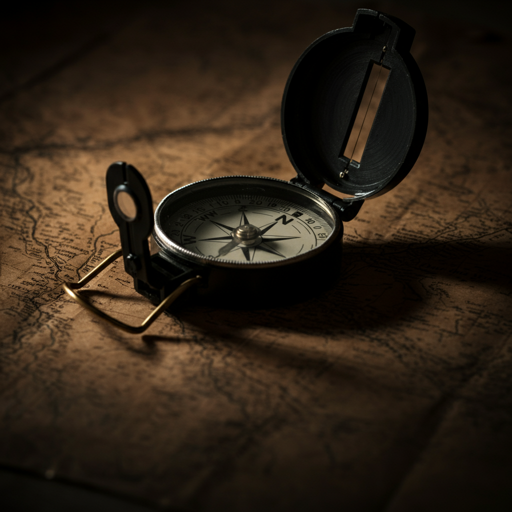 A close-up shot of a compass resting on a weathered map. The compass needle is slightly off-center, suggesting a journey with an uncertain destination. The lighting is moody and atmospheric, creating a sense of mystery and exploration.