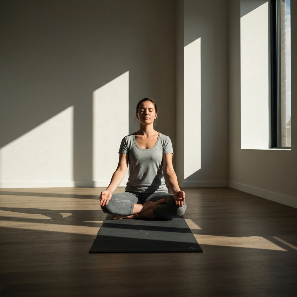 A person sitting cross-legged on a yoga mat in a well-lit studio, eyes closed in meditation. Sunlight streams through a window, casting long shadows. Textures on the yoga mat are subtly visible.