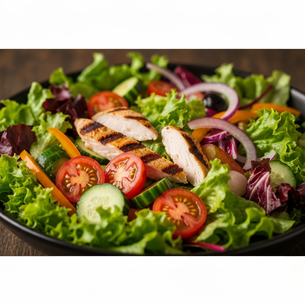 A close-up shot of a vibrant salad filled with various leafy greens, colorful vegetables, and grilled chicken. Natural light illuminates the ingredients, highlighting their textures and colors.
