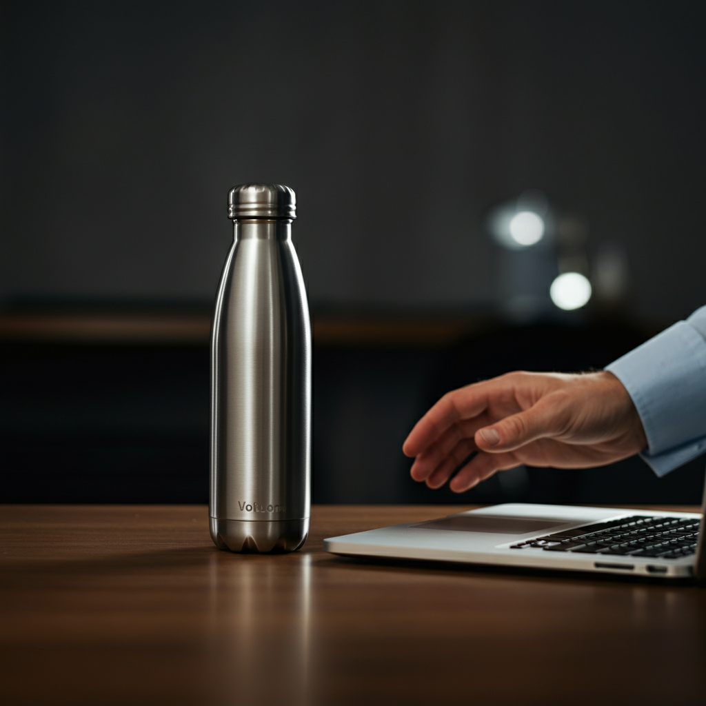 A stainless steel water bottle sits on a wooden desk next to a laptop. A hand reaches for the bottle. Soft bokeh in the background shows an office environment.