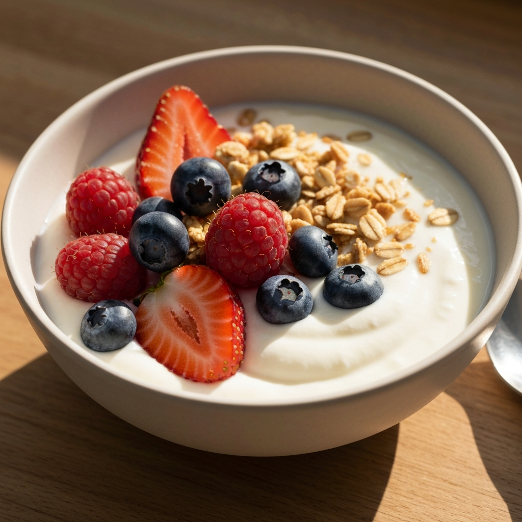 A close-up shot of a bowl of yogurt topped with fresh berries and a sprinkle of granola. The lighting highlights the creamy texture of the yogurt and the vibrant colors of the berries.
