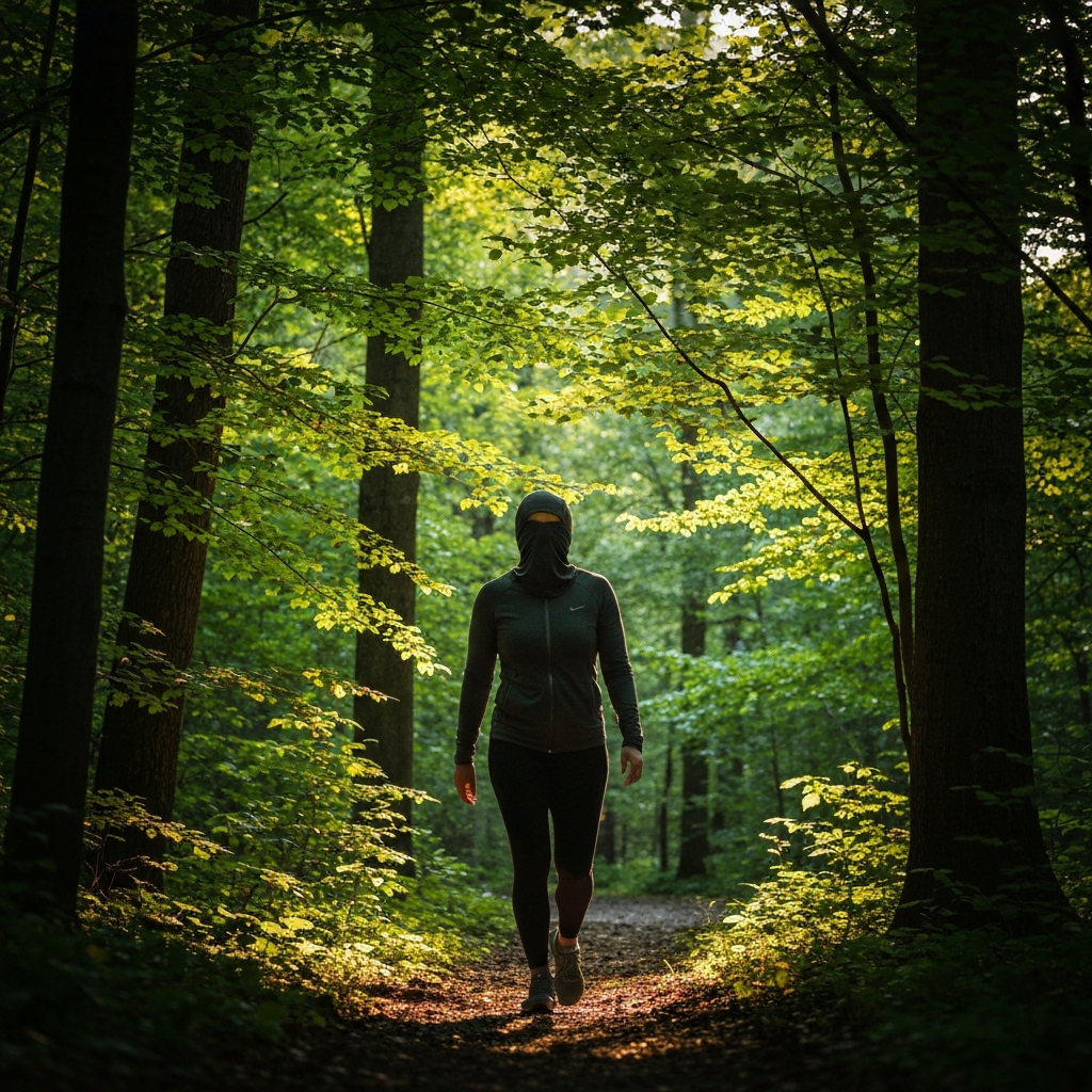 A person walking through a lush green forest, sunlight filtering through the leaves. The focus is on the dappled light and the textures of the trees and foliage.