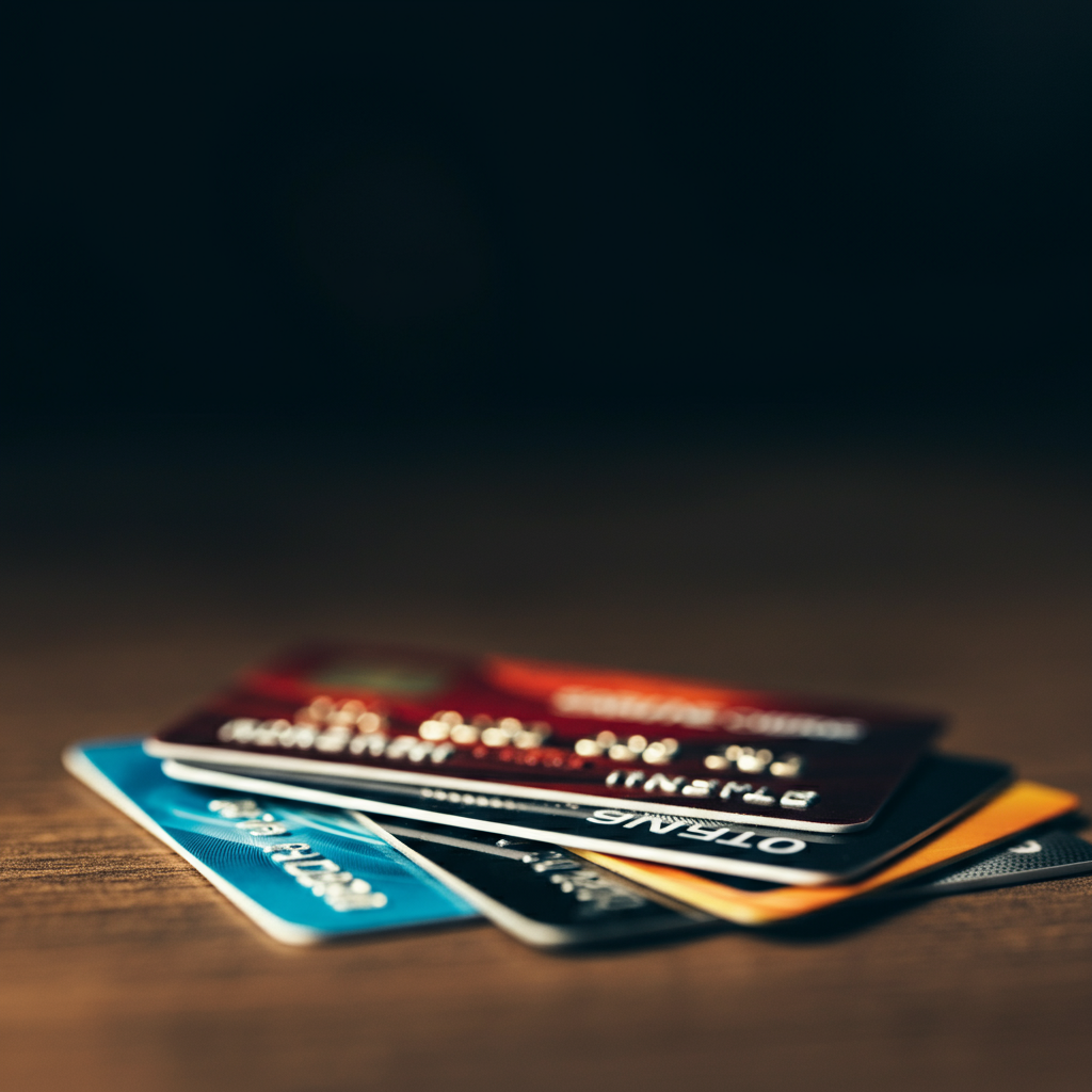 A close-up shot of various credit cards fanned out on a textured wooden surface. Soft, diffused light highlights the card details, with a shallow depth of field blurring the background.