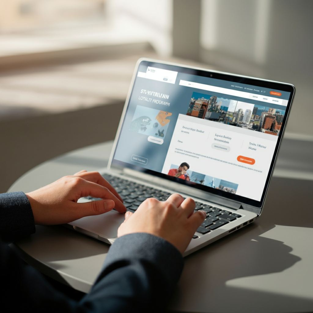 A person using a laptop in a brightly lit, modern office setting. Focus is on their hands typing on the keyboard. A blurred image of an airline loyalty program page is subtly visible on the screen. Natural light streams in from a window.
