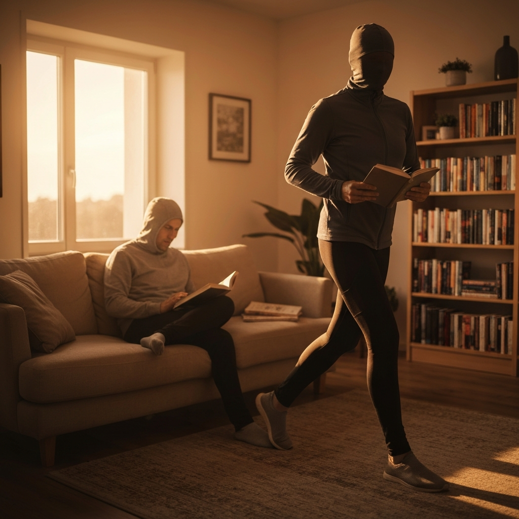 A warmly lit living room in a cozy home, featuring a comfortable couch and bookshelf. Soft bokeh blurs the background, with a person reading a book on the couch. The scene evokes a sense of relaxation and welcome.