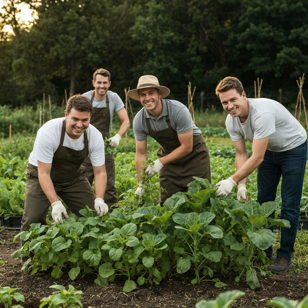 A wide shot of volunteers working in a community garden, side-lit by late afternoon sun. Healthy crops and smiling faces create a scene of positivity and collaboration. Participants are wearing practical, professional attire appropriate for outdoor work.