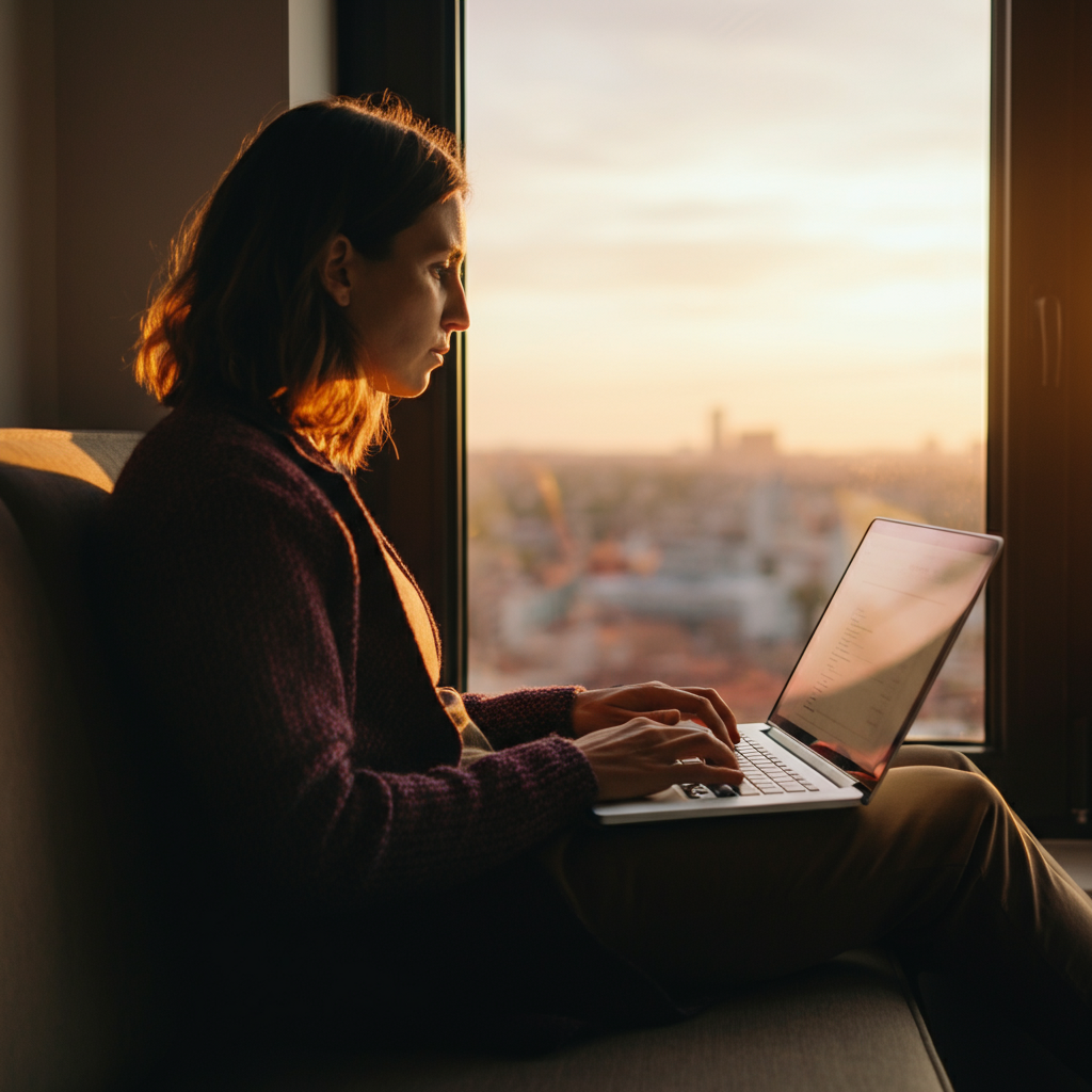 A person working on a laptop in a co-working space overlooking a cityscape. Golden hour lighting from the sunset streams through the window, illuminating the laptop screen and the person's focused expression. Professional, modern attire.