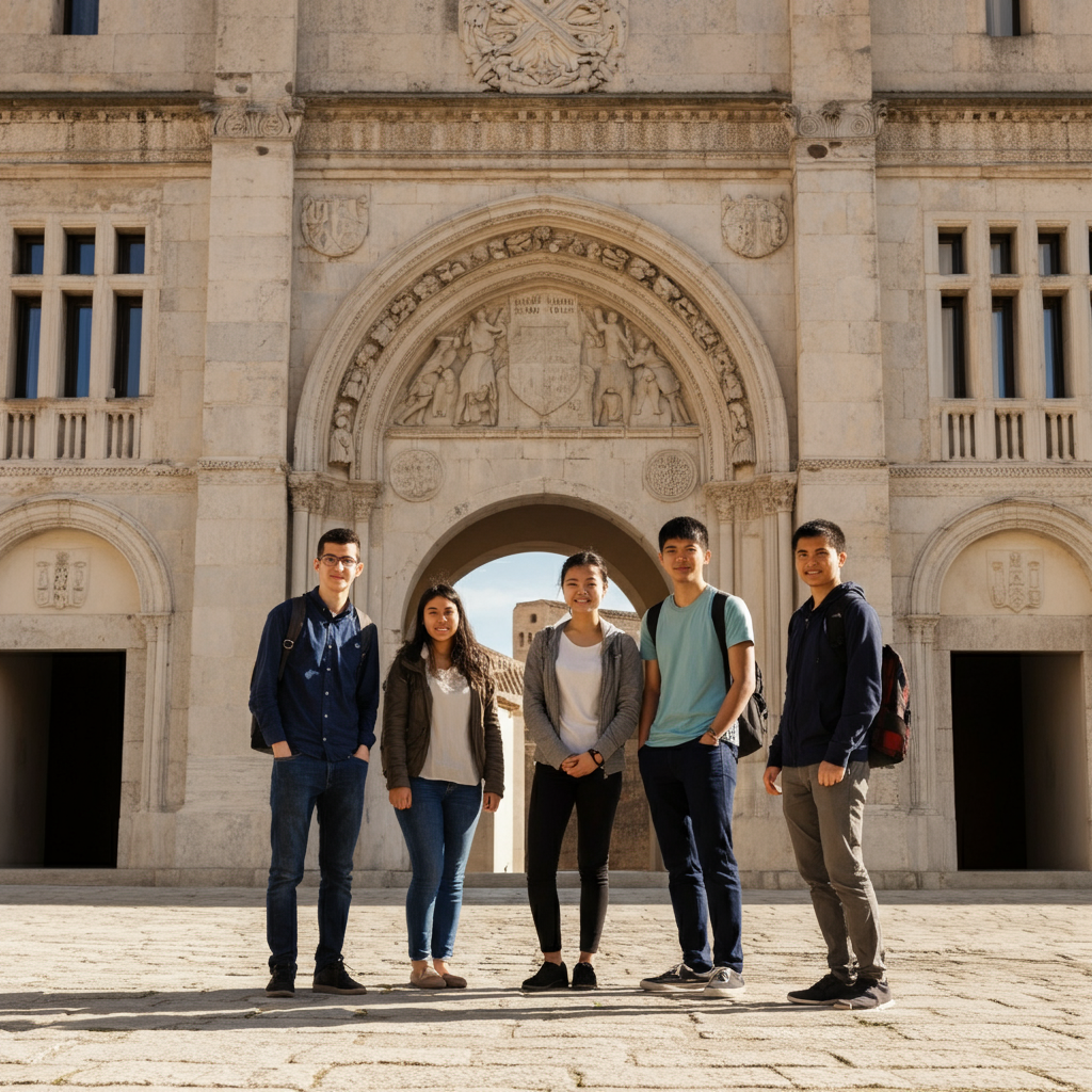 A group of college students standing in front of a historical landmark in Europe. The scene is bright and sunny, with students smiling and taking photos. Background is slightly blurred.