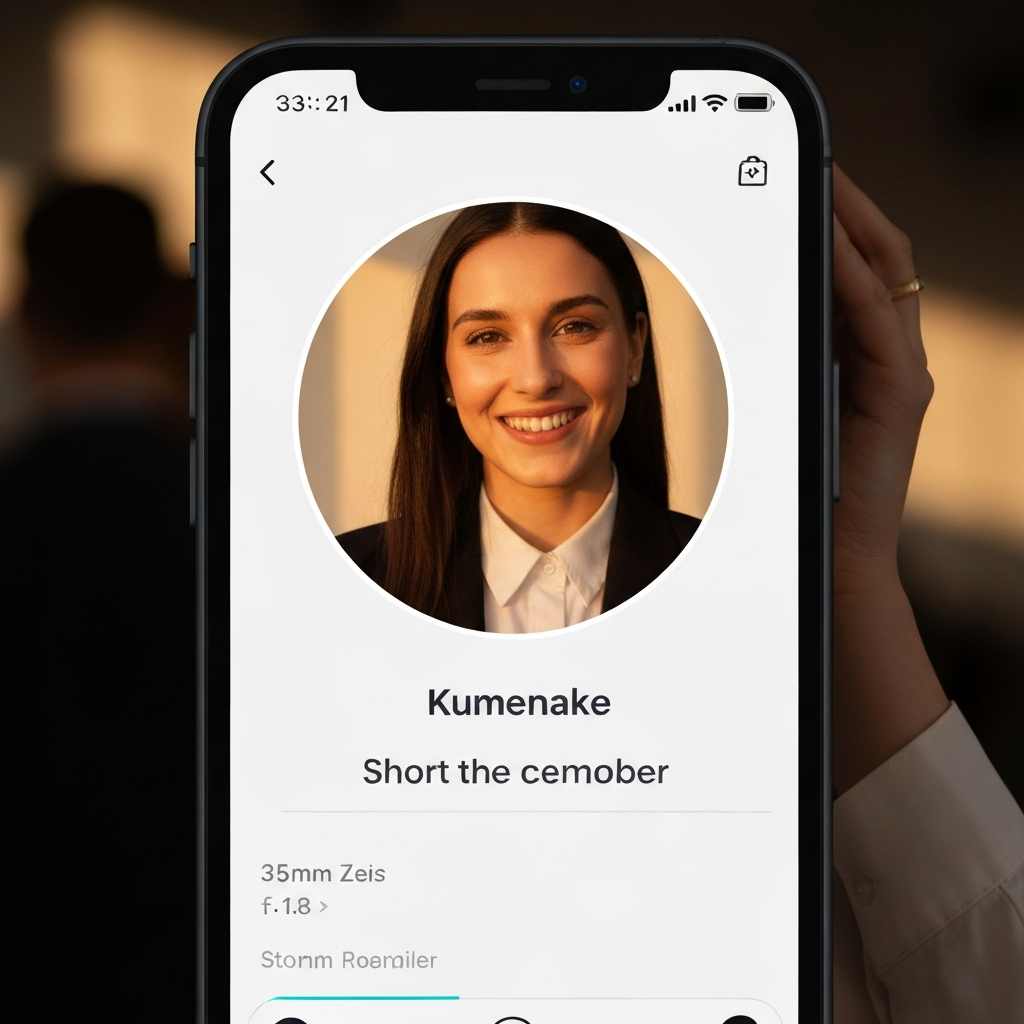 Close-up shot of a smartphone screen displaying a TikTok profile. The profile picture is a clear, professional headshot of a smiling woman with warm lighting. The username is short and memorable, displayed in a legible font.