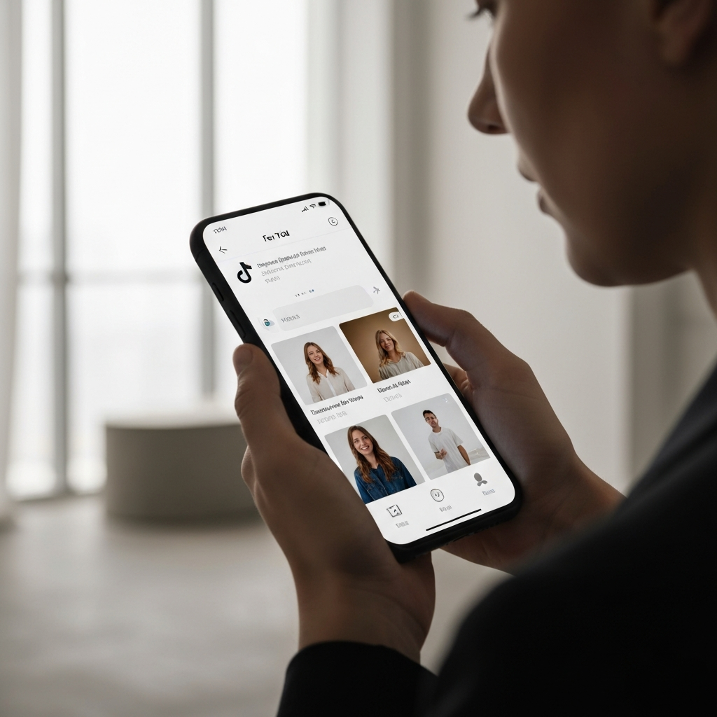 A person using a smartphone, scrolling through the TikTok "For You" page. The lighting is soft and diffused, highlighting the different video thumbnails. The phone is held at a comfortable angle, demonstrating typical user interaction.