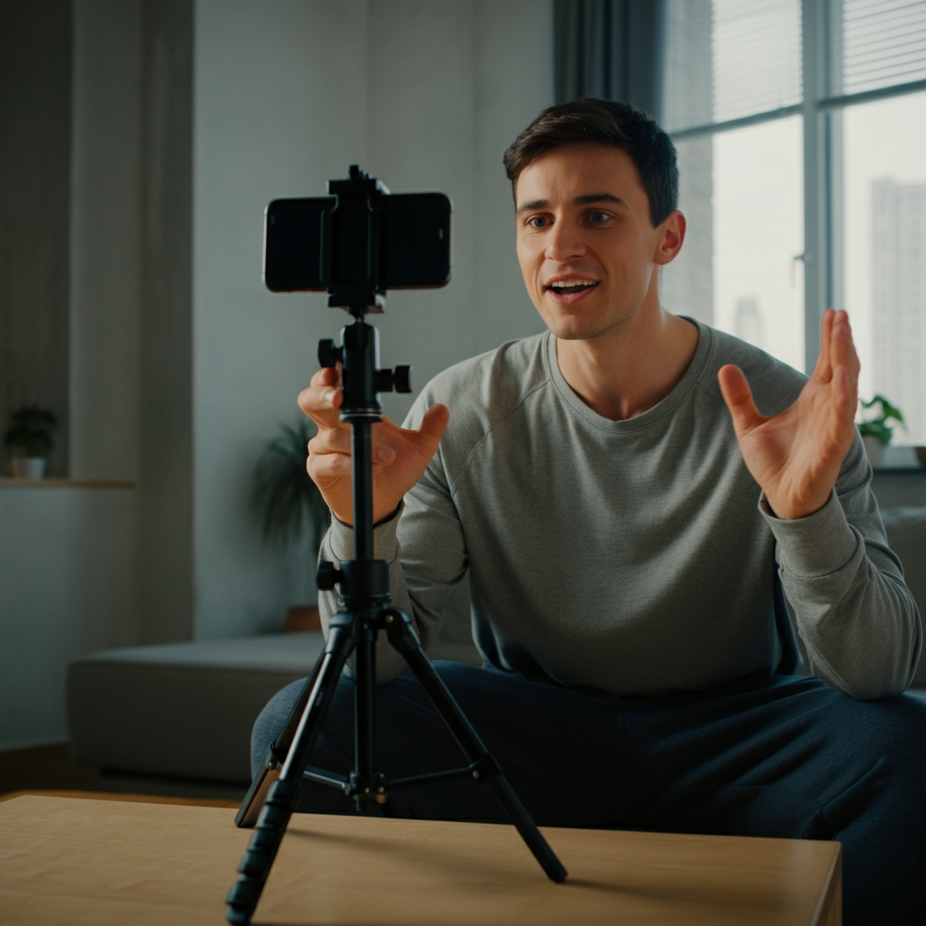A young man filming himself with a smartphone on a tripod. The background is a clean, modern apartment with natural light streaming through the window. He is smiling and engaging with the camera, gesturing enthusiastically.