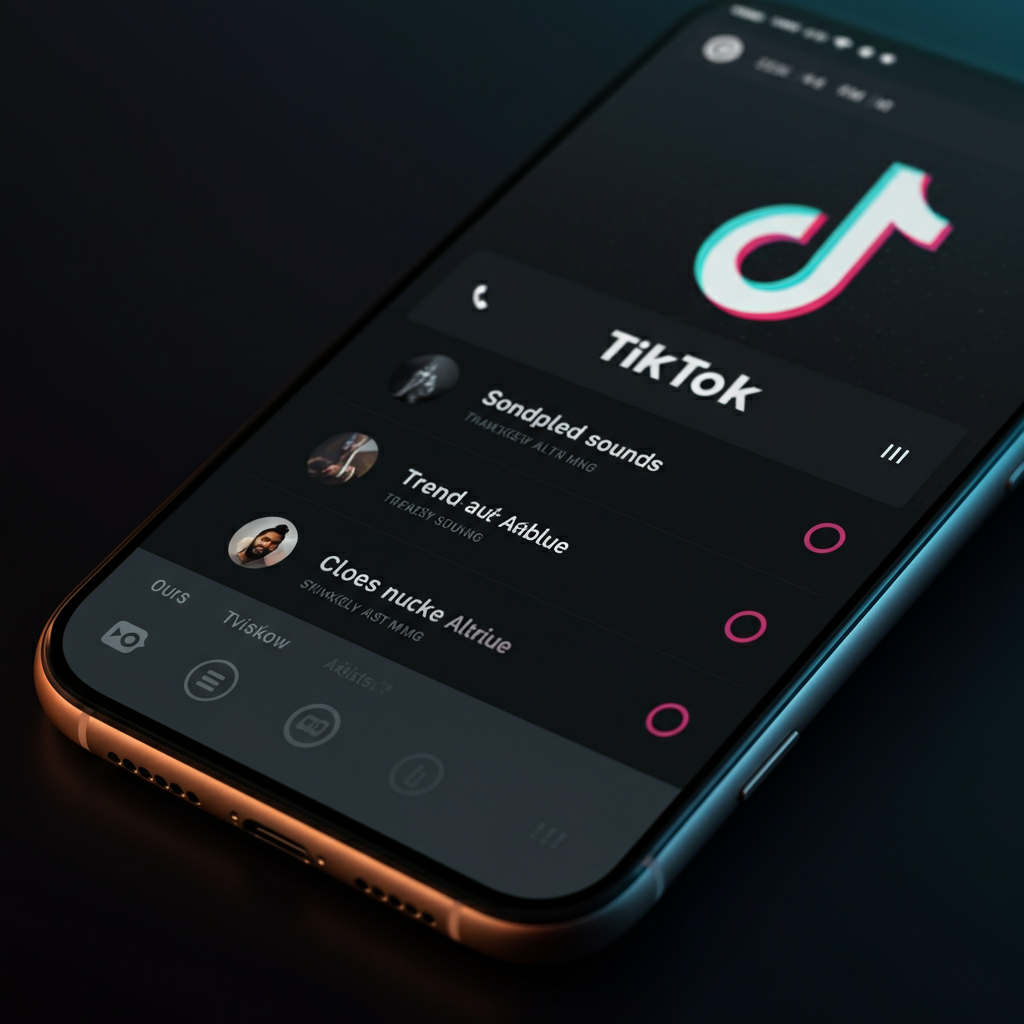 A close-up shot of a smartphone screen showing the TikTok sound selection interface. The interface displays a list of trending sounds with accompanying titles and artist names. The lighting is soft and even, ensuring clarity.