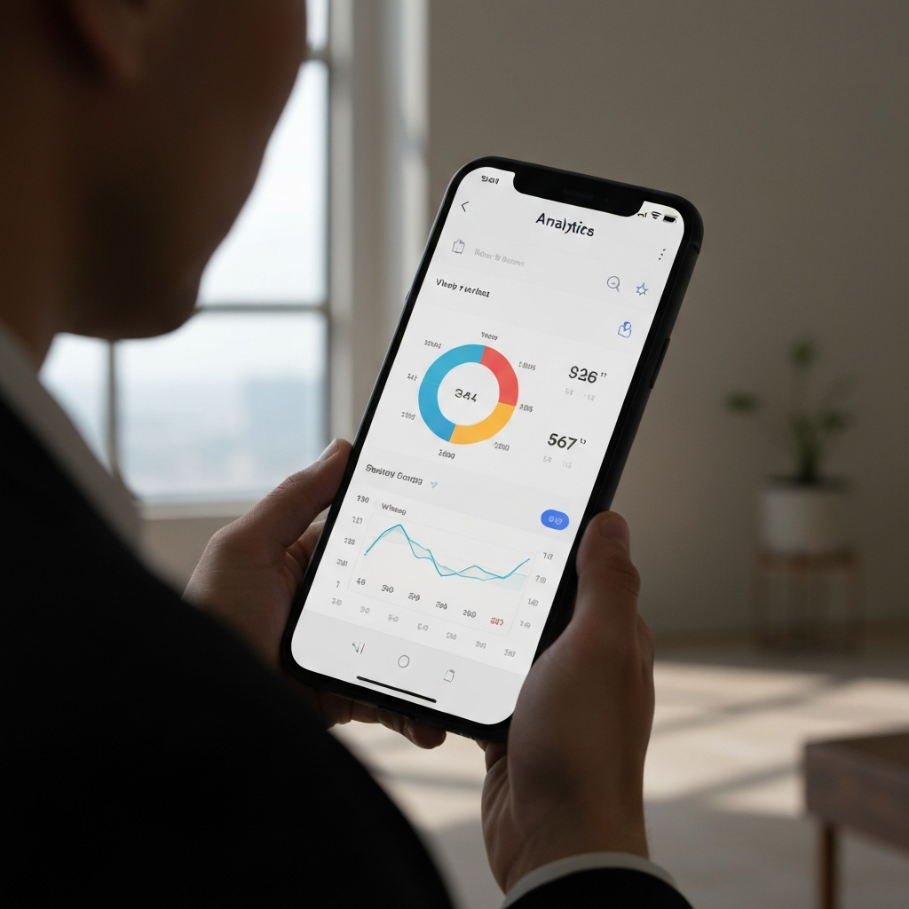 A person viewing a smartphone screen displaying TikTok analytics data. Charts and graphs illustrate video performance metrics, such as views, likes, and comments. The lighting is focused on the screen, highlighting the details of the data visualization.