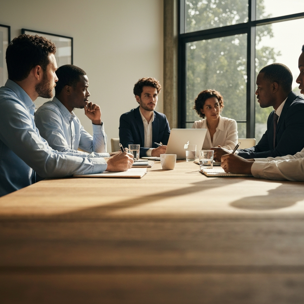 A sunlit conference room. A diverse group of professionals are seated around a large table, engaging in a lively discussion. Soft focus on the presenter, who is actively listening and taking notes. The room is filled with natural light, creating a warm and inviting atmosphere. The surfaces are textured wood.