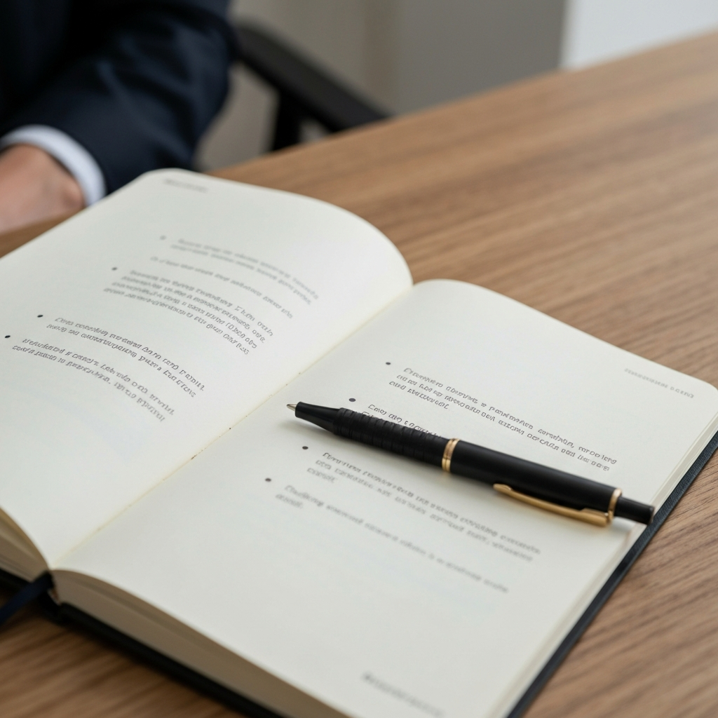 Close-up shot of a notebook and pen on a wooden desk. The notebook is open to a page with a list of bullet points, each clearly defined and concise. The lighting is soft and natural, highlighting the texture of the paper and the wood. The composition is clean and professional.