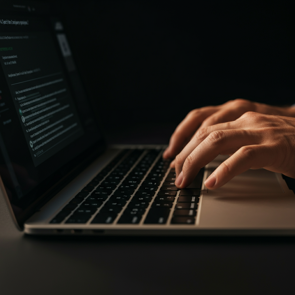 A close-up shot of a person typing on a laptop keyboard. The fingers are focused and deliberate, and the screen shows a document with short, clear sentences and bullet points. The lighting is warm and inviting, highlighting the texture of the keyboard and the laptop screen.